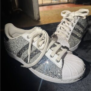 Adidas Super Star Total Glitter Silver Black Stripe Shoes size 6.5